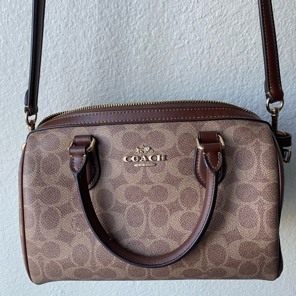 Coach Brown Signature Canvas Satchel with Brown Leather Trim and Gold Hardware